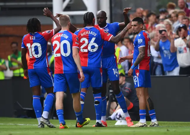 Jean-Philippe Mateta of Crystal Palace celebrates scoring his team's second goal with teammates during the Premier League match between Crystal Palace and Aston Villa at Selhurst Park