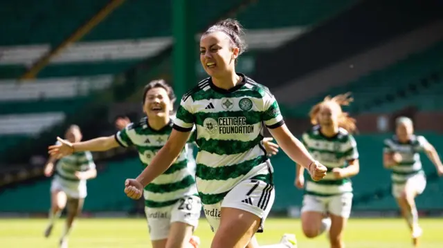 Amy Gallagher celebrates after scoring to make It 1-0 Celtic during a Scottish Power Women's Premier League match between Celtic and Hibernian at Celtic Park, on May 19, 2024, in Glasgow, Scotland.