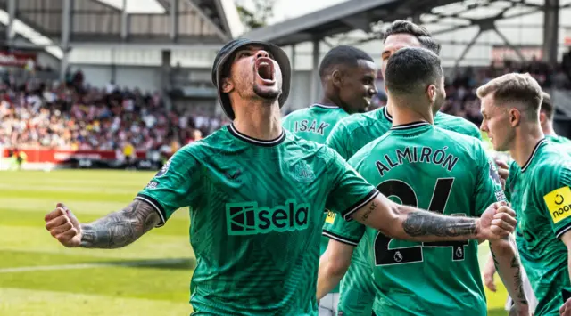 Newcastle United's Bruno Guimaraes celebrates scoring his side's fourth goal during the Premier League match between Brentford FC and Newcastle United at Brentford Community Stadium on May 19, 2024 in Brentford, England