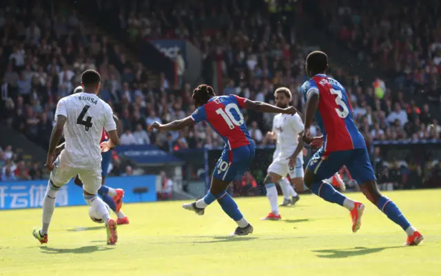 Eberechi Eze of Crystal Palace scores his team's third goal during the Premier League match between Crystal Palace and Aston Villa at Selhurst Park