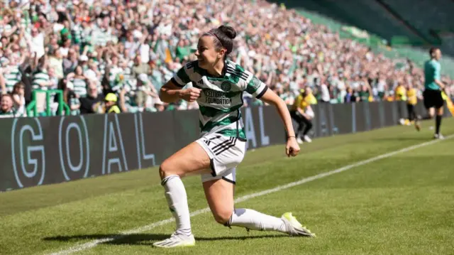 Amy Gallagher celebrates after scoring to make It 1-0 Celtic during a Scottish Power Women's Premier League match between Celtic and Hibernian at Celtic Park, on May 19, 2024, in Glasgow, Scotland.