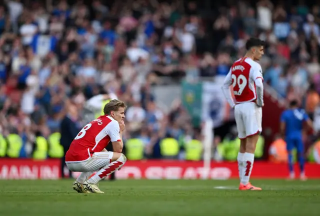 Martin Odegaard of Arsenal looks dejected following the Premier League match between Arsenal FC and Everton FC at Emirates Stadium