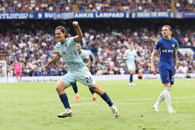 Enes Unal of AFC Bournemouth celebrates scoring his team's first goal during the Premier League match between Chelsea FC and AFC Bournemouth