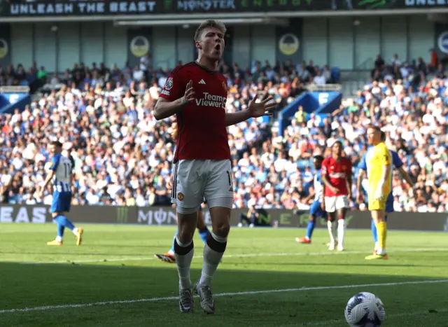 Rasmus Hojlund of Manchester United celebrates scoring their second goal during the Premier League match between Brighton & Hove Albion and Manchester United at American Express Community Stadium