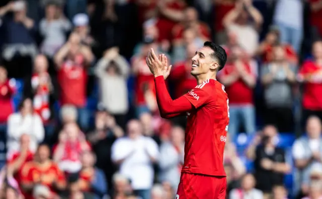 Aberdeen's Bojan Miovski at full time during a cinch Premiership match between Ross County and Aberdeen at the Global Energy Stadium, on May 19, 2024, in Dingwall, Scotland.