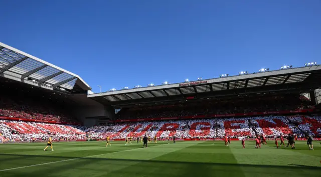 "Danke Jurgen" is spelled out by fans ahead of kick-off in the English Premier League football match between Liverpool and Wolverhampton Wanderers at Anfield