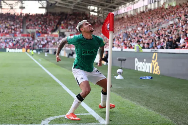 Bruno Guimaraes of Newcastle United celebrates scoring his team's fourth goal during the Premier League match between Brentford FC and Newcastle United at Brentford Community Stadium