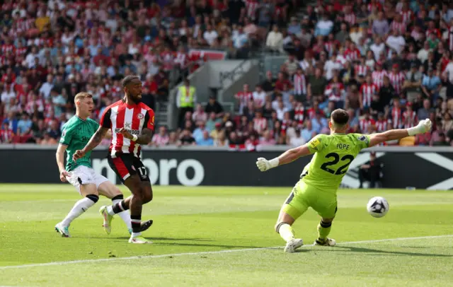 Ivan Toney of Brentford scores a goal which is later disallowed for offside during the Premier League match between Brentford FC and Newcastle United at Brentford Community Stadium