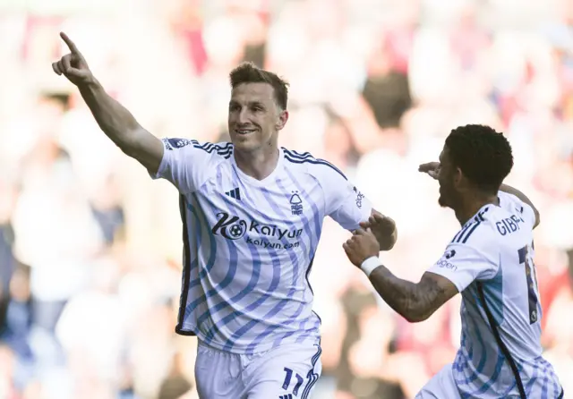 Nottingham Forest's Chris Wood celebrates scoring his team's 2nd goal during the Premier League match between Burnley FC and Nottingham Forest at Turf Moor