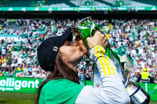 Celtic Head Coach Elena Sadiku  with the SWPL Trophy during a Scottish Power Women's Premier League match between Celtic and Hibernian at Celtic Park, on May 19, 2024, in Glasgow, Scotland.