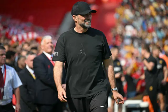 Liverpool's German manager Jurgen Klopp arrives ahead of kick-off in the English Premier League football match between Liverpool and Wolverhampton Wanderers at Anfield in Liverpool