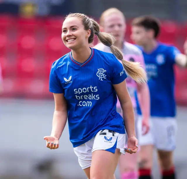 Rangers' Olivia McLoughlin celebrates after scoring to make it 4-0 during a Scottish Power Women's Premier League match between Rangers and Partick Thistle at Broadwood Stadium, on May 19, 2024, in Glasgow, Scotland.