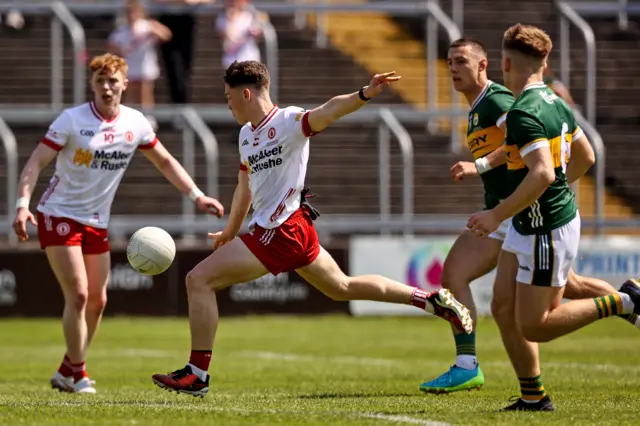 Tyrone's Joey Clarke scores a goal against Kerry