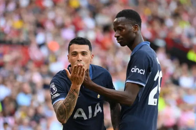 Pedro Porro of Tottenham Hotspur celebrates scoring his team's second goal during the Premier League match between Sheffield United and Tottenham Hotspur at Bramall Lane