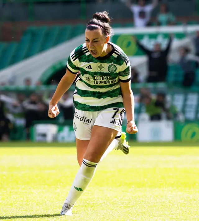 Amy Gallacher celebrates after scoring to make It 1-0 Celtic during a Scottish Power Women's Premier League match between Celtic and Hibernian at Celtic Park, on May 19, 2024, in Glasgow, Scotland.