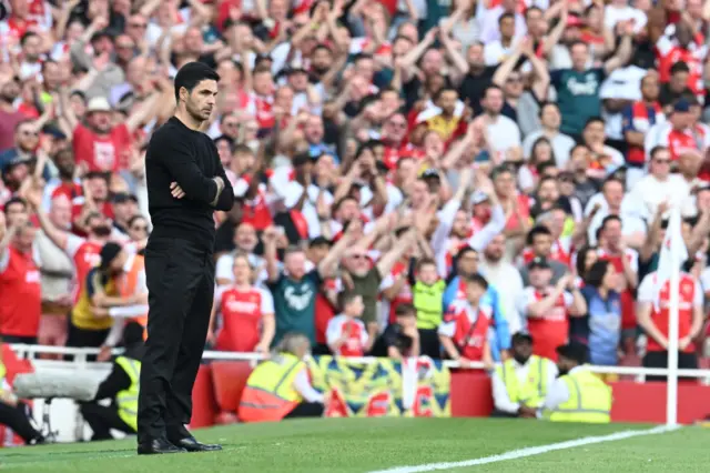 Mikel Arteta, Manager of Arsenal, looks on during the Premier League match between Arsenal FC and Everton FC at Emirates Stadium