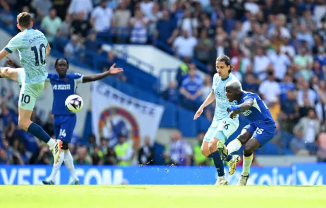 Moises Caicedo of Chelsea scores his team's first goal during the Premier League match between Chelsea FC and AFC Bournemouth at Stamford Bridge