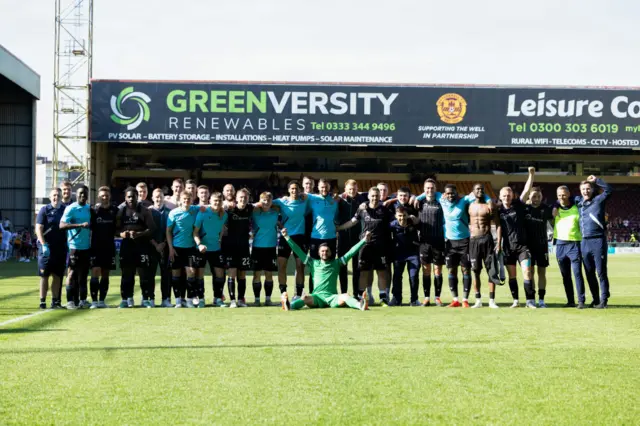 St Johnstone players celebrate after a cinch Premiership match between Motherwell and St Johnstone at Fir Park, on May 19, 2024, in Motherwell, Scotland.