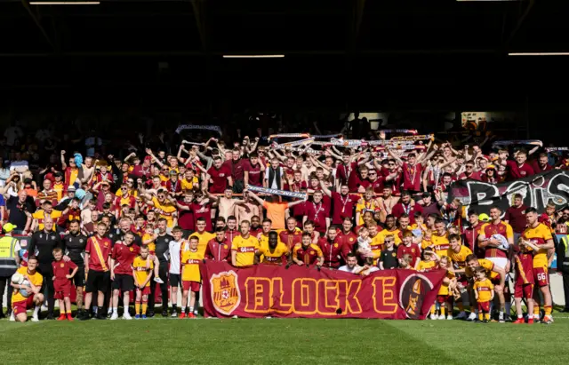 Motherwell players with the fans after a cinch Premiership match between Motherwell and St Johnstone at Fir Park, on May 19, 2024, in Motherwell, Scotland.