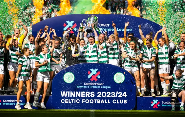 Celtic Captain Kelly Clark lifts the SWPL Trophy during a Scottish Power Women's Premier League match between Celtic and Hibernian at Celtic Park, on May 19, 2024, in Glasgow, Scotland.