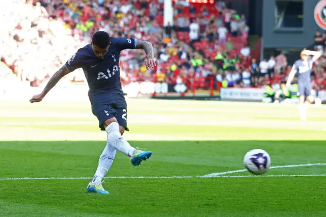 Pedro Porro of Tottenham Hotspur scores his side's second goal during the Premier League match between Sheffield United and Tottenham Hotspur at Bramall Lane