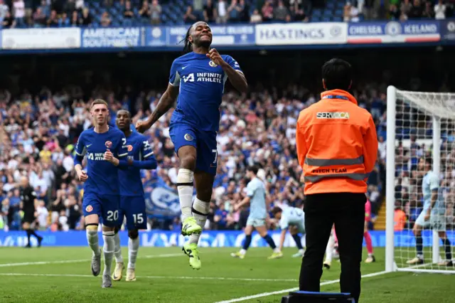 Raheem Sterling of Chelsea celebrates scoring his team's second goal during the Premier League match between Chelsea FC and AFC Bournemouth at Stamford Bridge