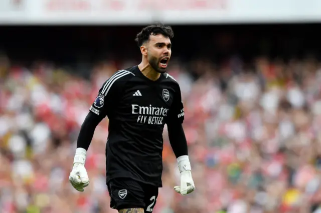 David Raya celebrates after Takehiro Tomiyasu of Arsenal (not pictured) scored their sides first goal during the Premier League match between Arsenal FC and Everton FC at Emirates Stadium