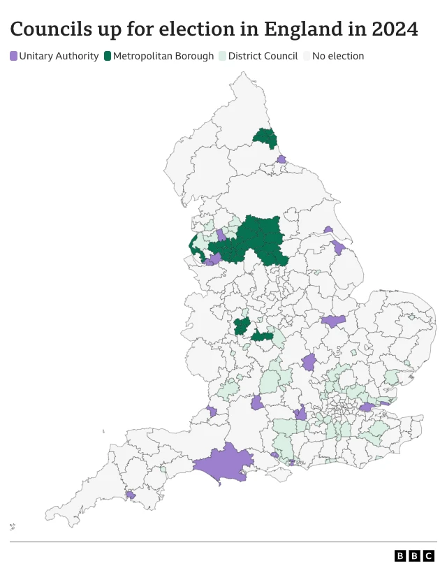 Map showing graphic of councils up for grabs at local elections