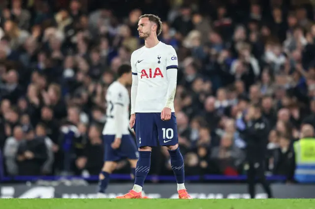 James Maddison of Tottenham Hotspur after Nicolas Jackson of Chelsea scores a goal to make it 2-0 during the Premier League match between Chelsea FC and Tottenham Hotspur