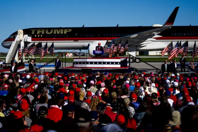 Republican presidential candidate, former U.S. President Donald Trump speaks during a rally on May 1, 2024 at Avflight Saginaw in Freeland, Michigan.