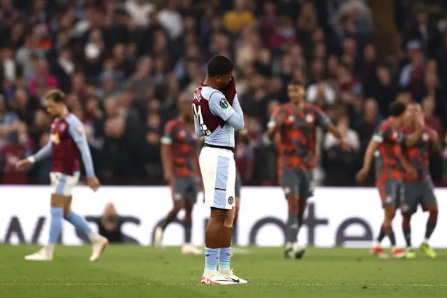 Leon Bailey of Aston Villa looks dejected after Ayoub El Kaabi of Olympiakos (not pictured) scores