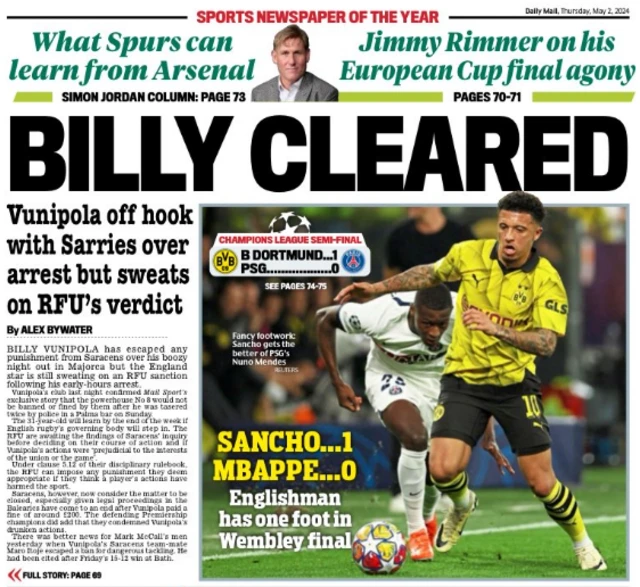 Back page of the Daily Mail on 2 May 2024