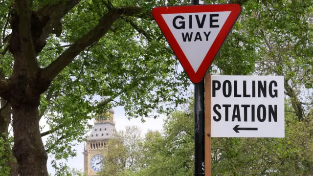 A polling station direction sign near the Elizabeth Tower, more commonly known as Big Ben