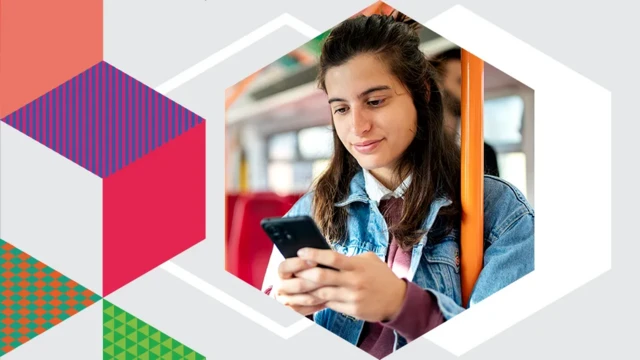 Graphic shows a young woman travelling on public transport looking at her smart phone