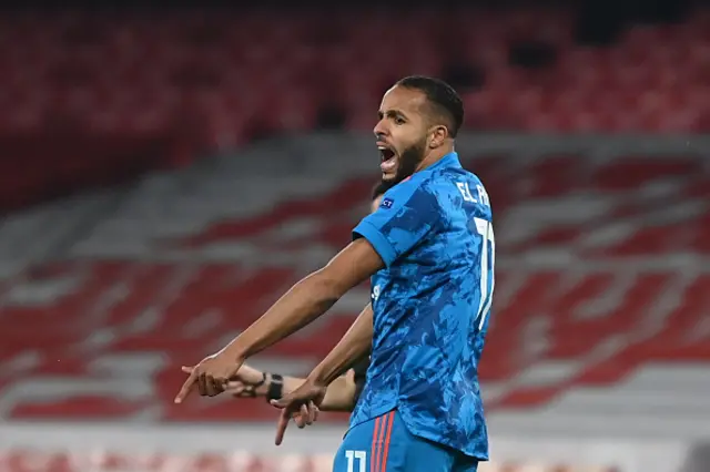 Youssef El-Arabi celebrates scoring against Arsenal