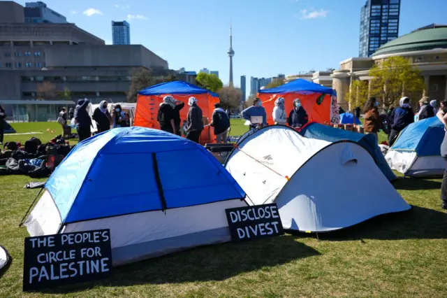 Pro-Palestinian students and protestors at University of Toronto campus set up encampment to show their solidarity with Palestinians at King's College Circle in Toronto, Ontario on May 2, 2024