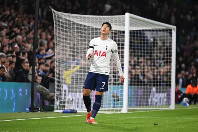 Son Heung-Min of Tottenham Hotspur reacts during the Premier League match between Chelsea FC and Tottenham Hotspur