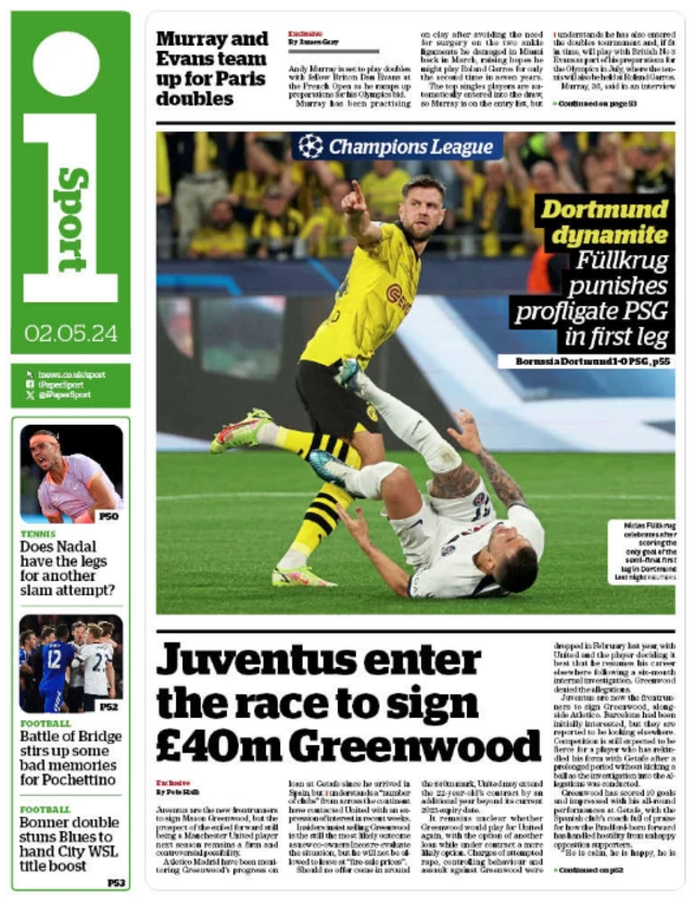 Lead page of i sport on 2 May 2024