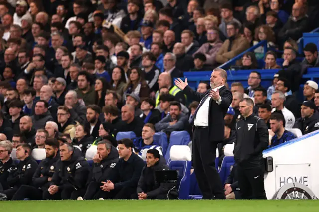 Ange Postecoglou, Manager of Tottenham Hotspur, reacts during the Premier League match between Chelsea FC and Tottenham Hotspur