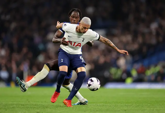 : Richarlison of Tottenham Hotspur battles with Trevoh Chalobah of Chelsea