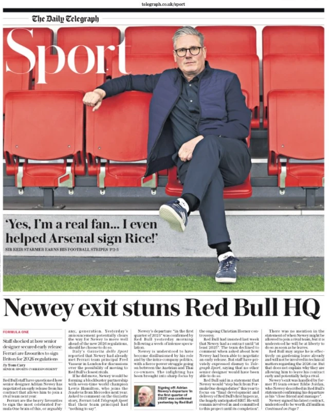 Lead sport page in the Daily Telegraph on 2 May 2024