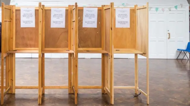 Wooden voting booths at a polling station in Haringey, London