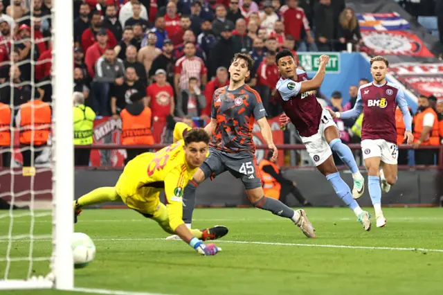 Ollie Watkins of Aston Villa scores his team's first goal past Konstantinos Tzolakis