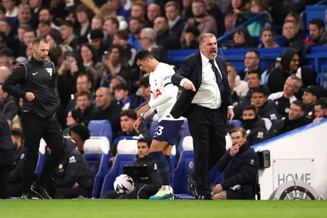 Ange Postecoglou, Manager of Tottenham Hotspur, reacts during the Premier League match between Chelsea FC and Tottenham Hotspur