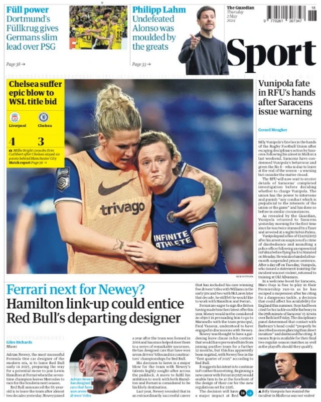 Lead sport page in the Guardian on 2 May 2024