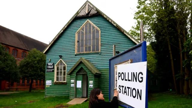 A polling station sign outside a church made of wood painted blue and green,