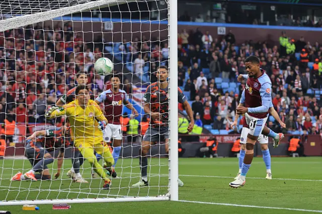 Leon Bailey of Aston Villa scores a goal which is later disallowed