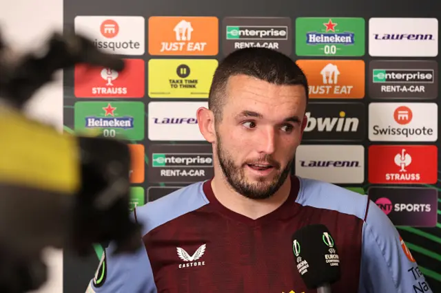 John McGinn of Aston Villa speaks to the media