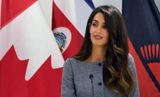 Amal Clooney speaks in front of flags