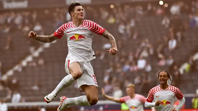 Benjamin Sesko celebrates a goal for RB Leipzig